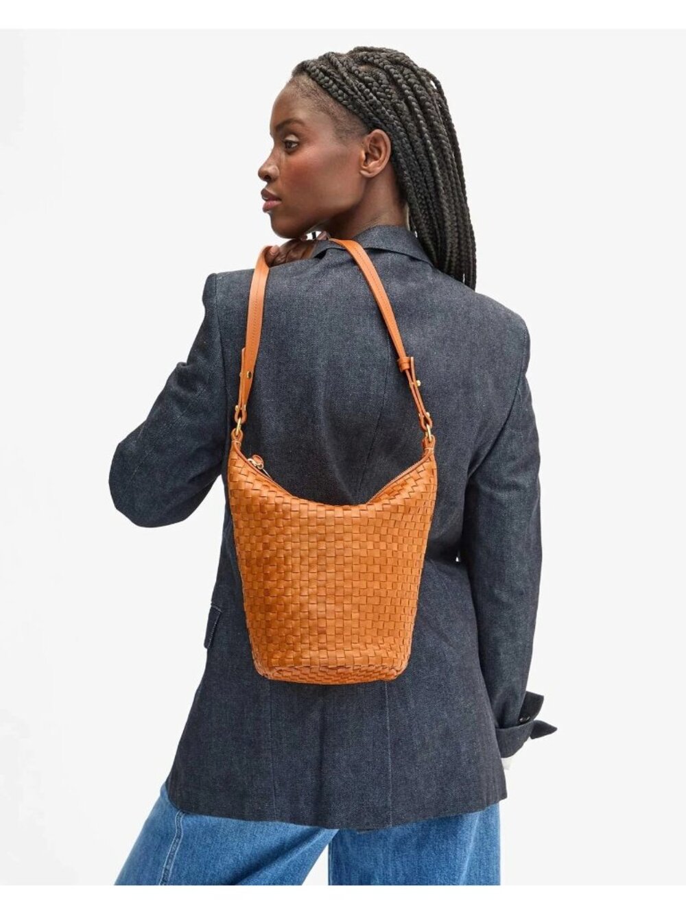 Clare V. Petite Jeanne Bucket Bag in Natural Woven Checker Lux